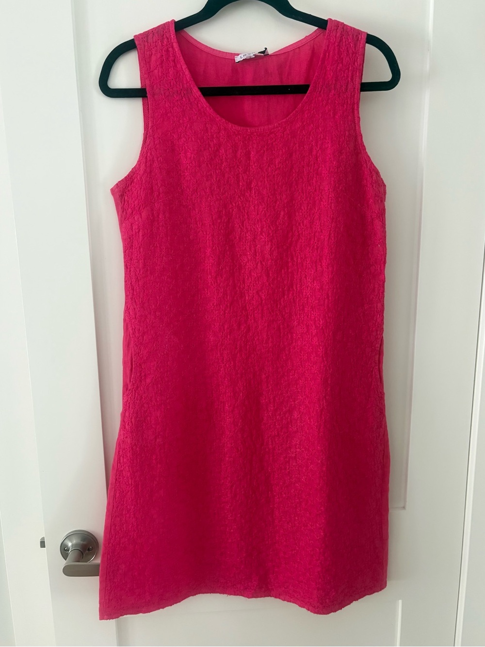 Linen Luv Bright Pink floral embroidered sleeveless sheath dress euro chic small